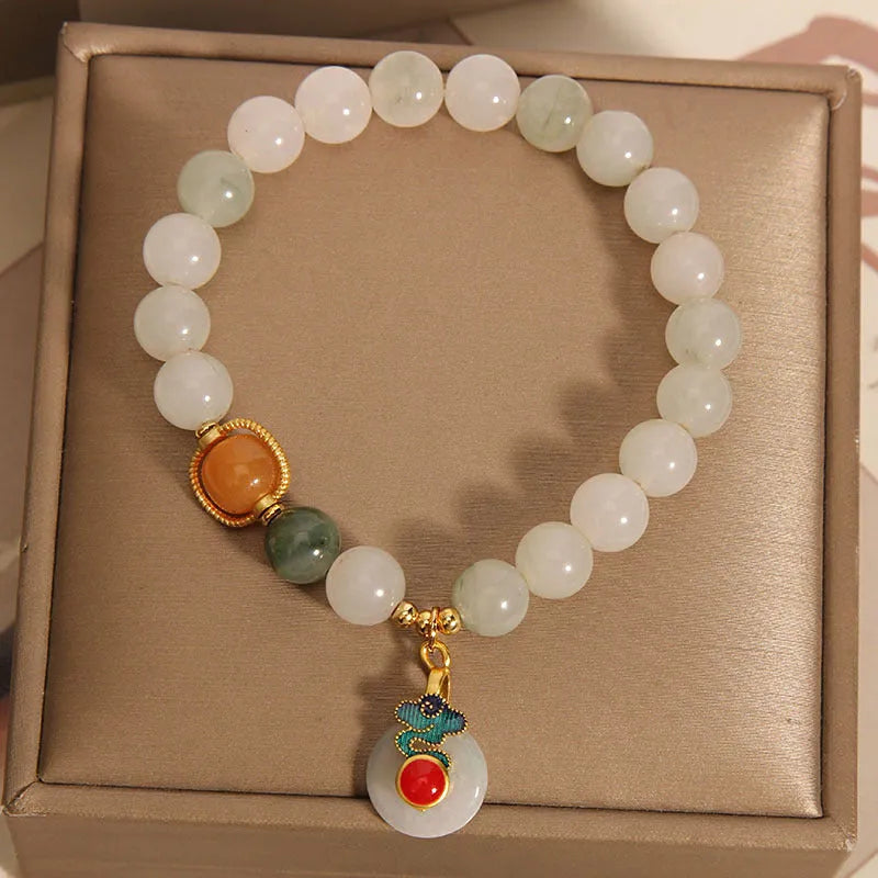 Women's ice jade crystal bracelet with Xiangyun peace buckle and pearl accents