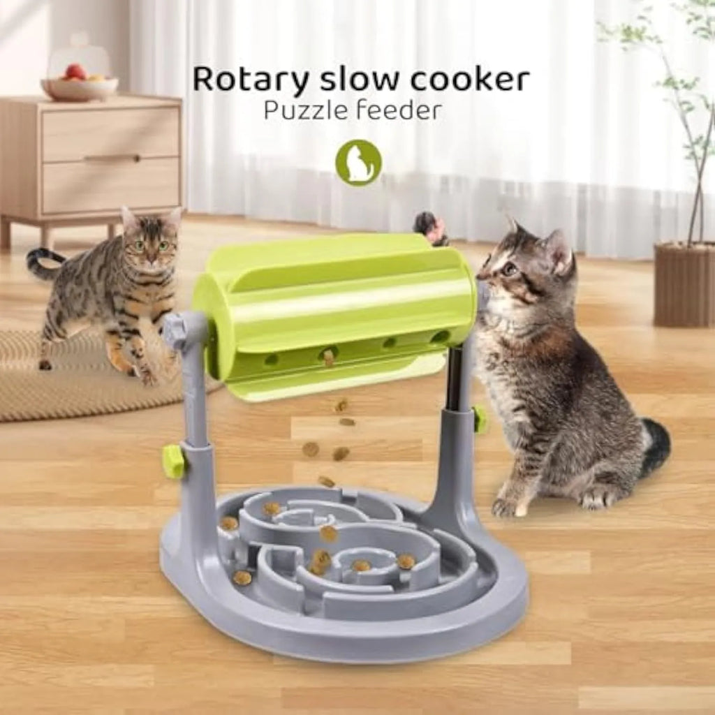 Interactive pet puzzle feeder bowl with adjustable height in blue, green, and pink colour options