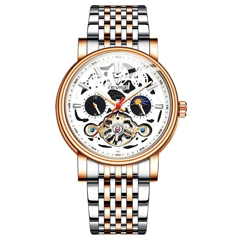 Men's tourbillon mechanical watch with waterproof case and luminous hands on black dial