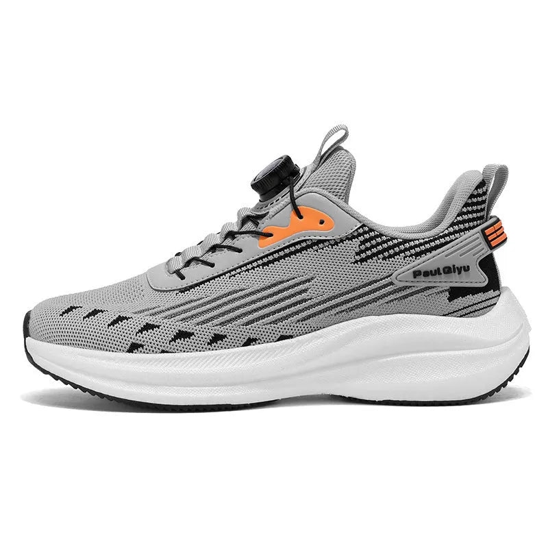 Men's white and green Fly-kit mesh running shoes with rotating buckle closure system on flat TPU sole