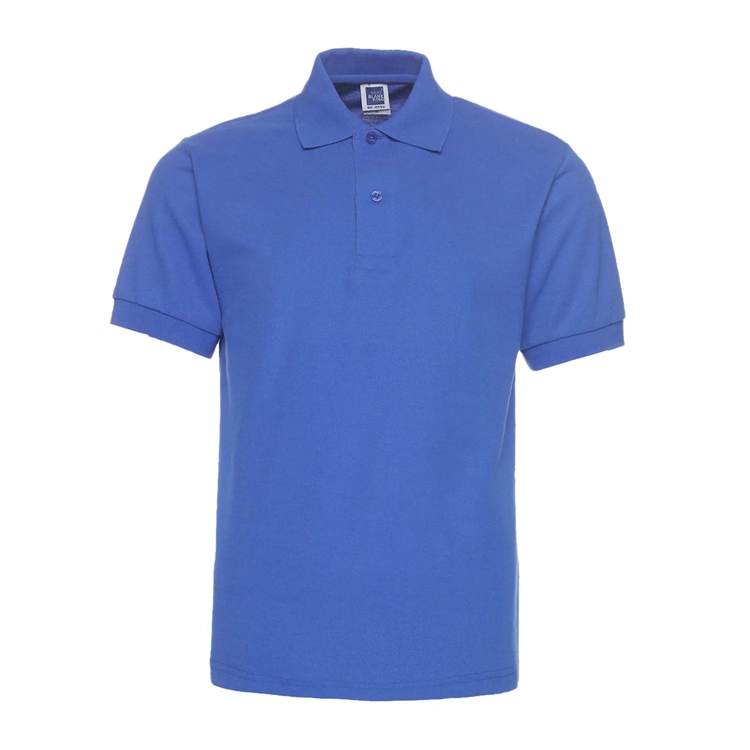 Plus size man wearing a solid black lapel polo shirt with short sleeves, loose fit.