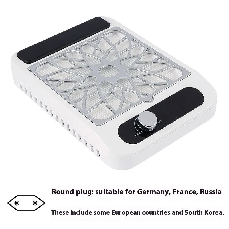 White nail dust collector with adjustable speed settings and filter net for manicure work