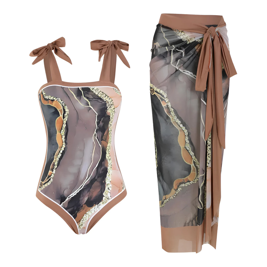 Women's floral pattern one-piece swimsuit with mesh tube top and removable skirt