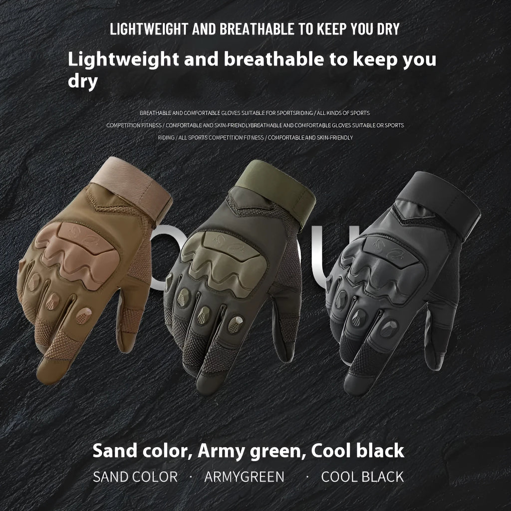 Men's black tactical full finger gloves with touch screen compatible fingertips on hand