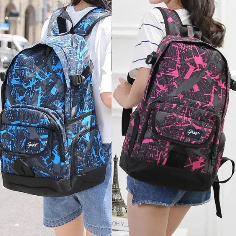 Blue classic nylon backpack with multiple compartments shown on a white background.