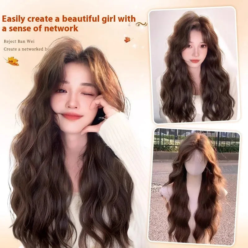 Women's long curly synthetic wig with side bangs in brown black colour
