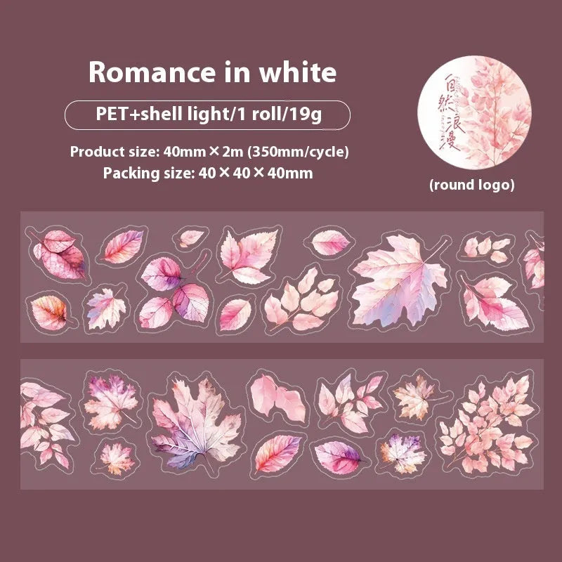 Roll of clear PET decorative stickers with repeating leaf patterns including ginkgo and maple designs.