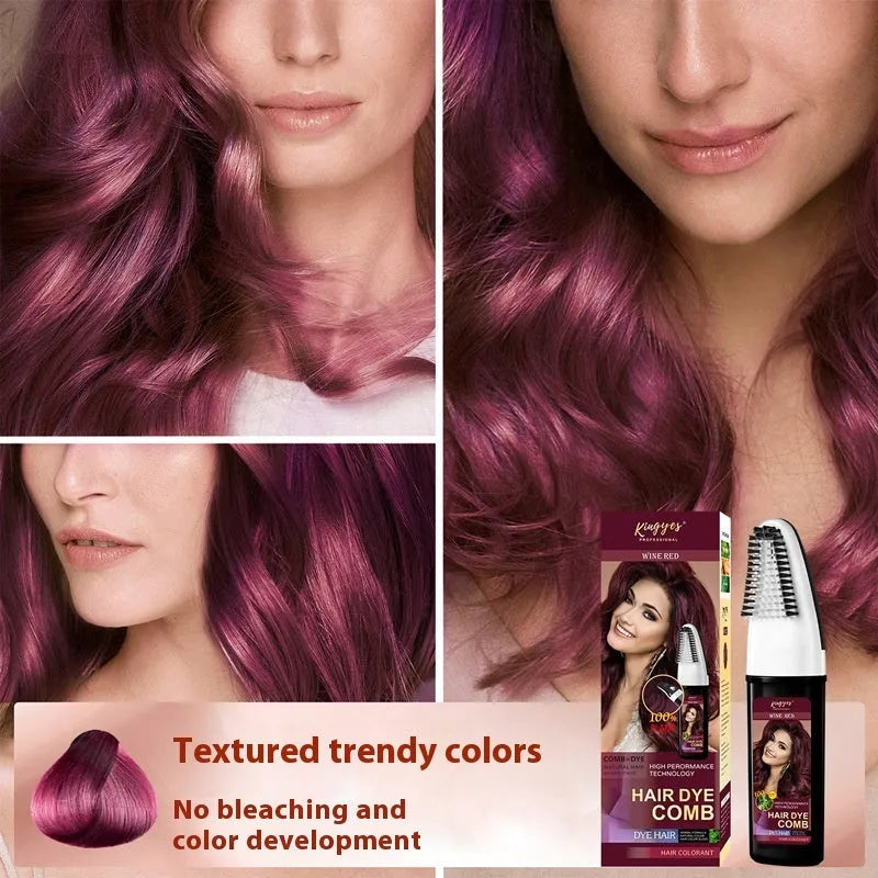 Hair dye kit with easy-colour comb applicator showing black, wine red, brown, and dark brown 200ml bottles