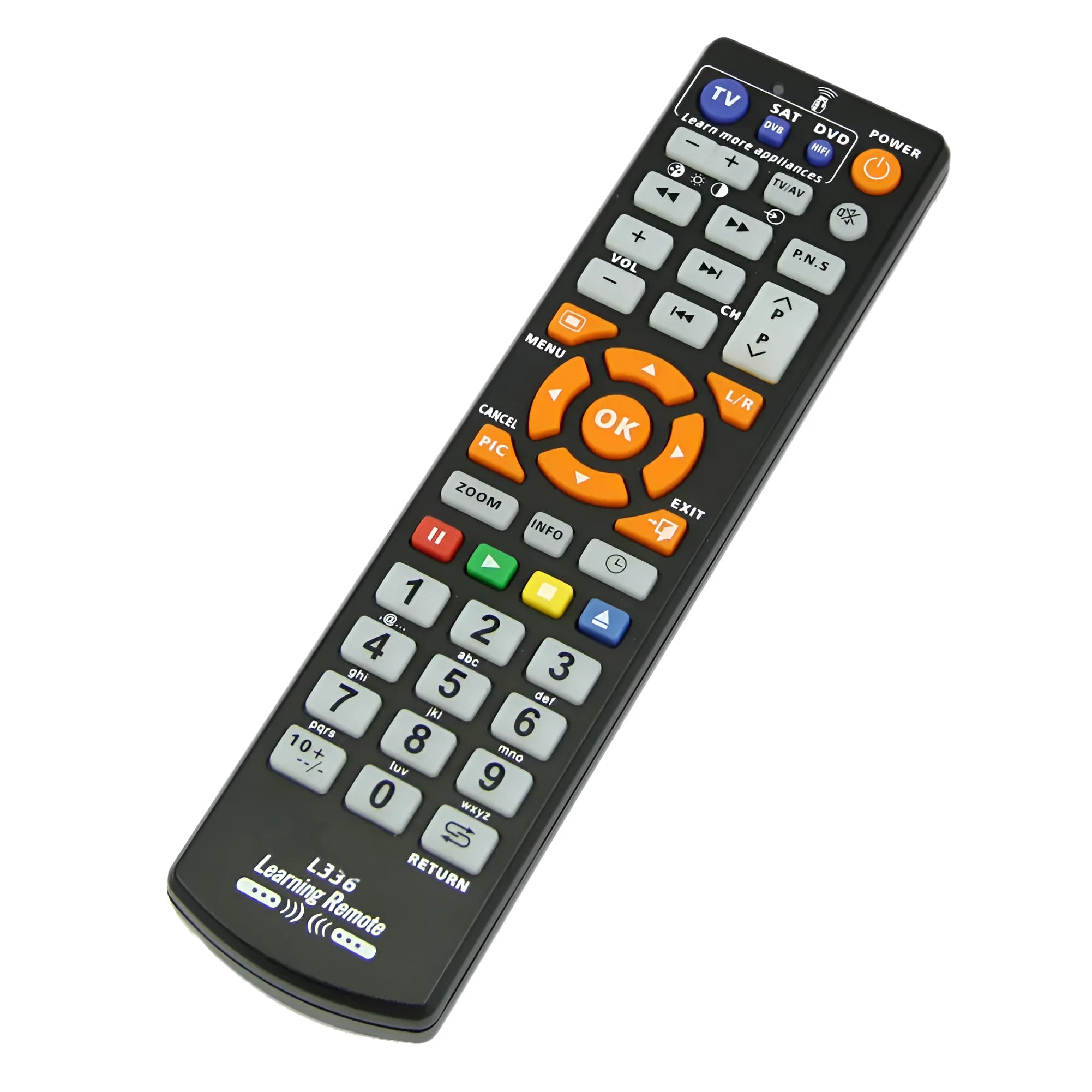 L336 black universal learning remote control for television and audio equipment with 8 metre range