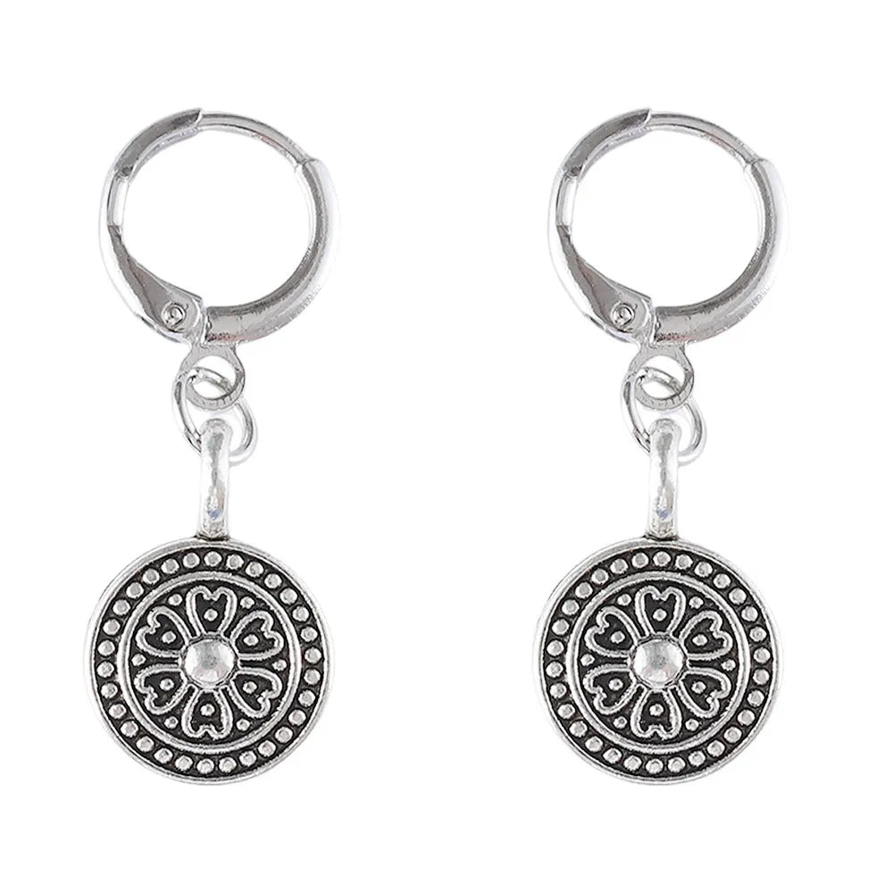 Bohemian retro circular earrings with geometric printed patterns and distressed ethnic detailing in zinc alloy