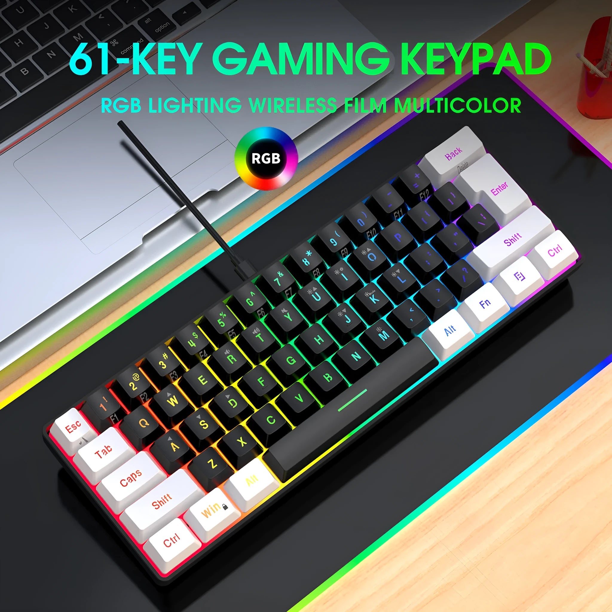 Simple wired 61 key membrane keyboard with UK layout and 1.7 metre cable in white and black colour