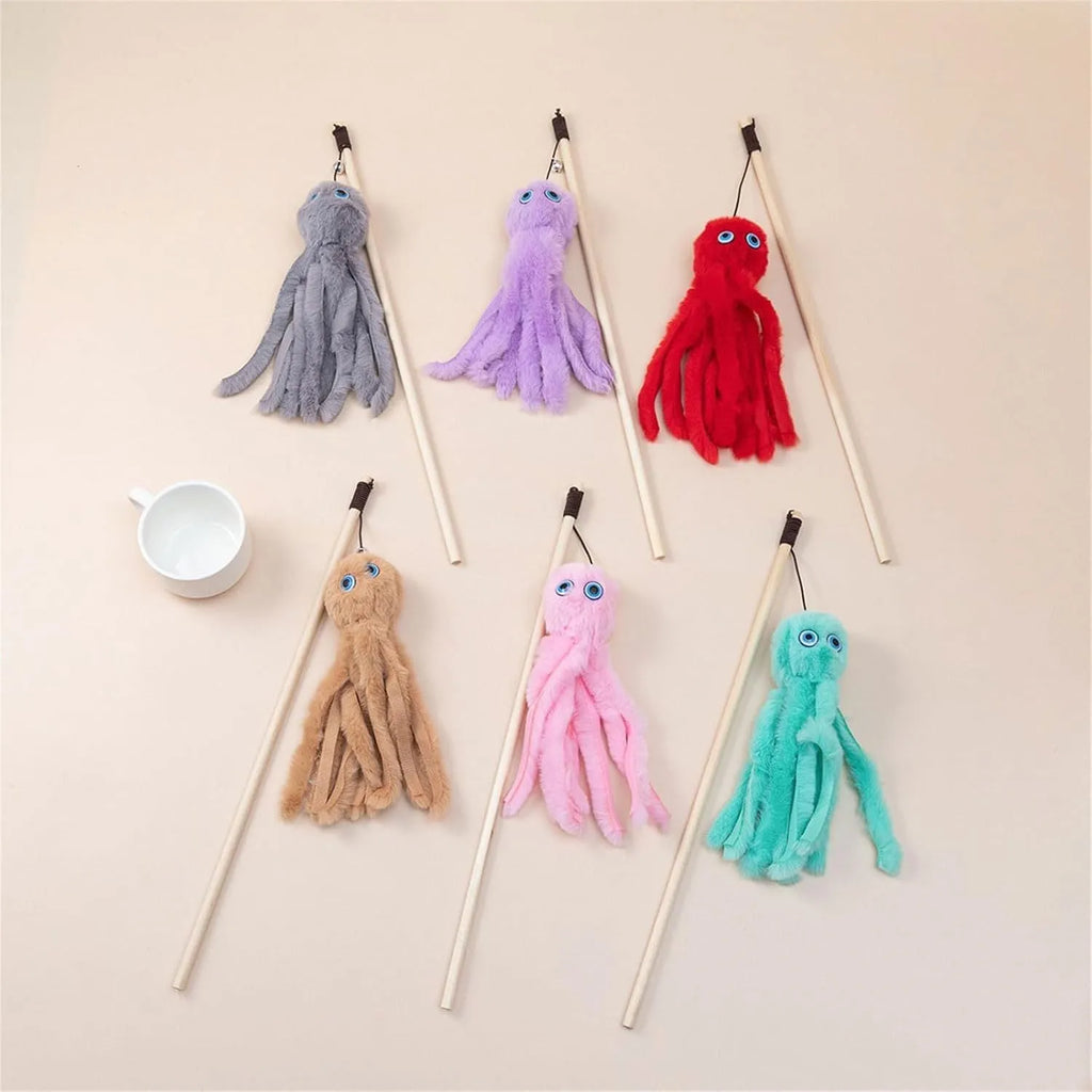 Octopus design cat toy with long stick in bright colours for indoor kitten play