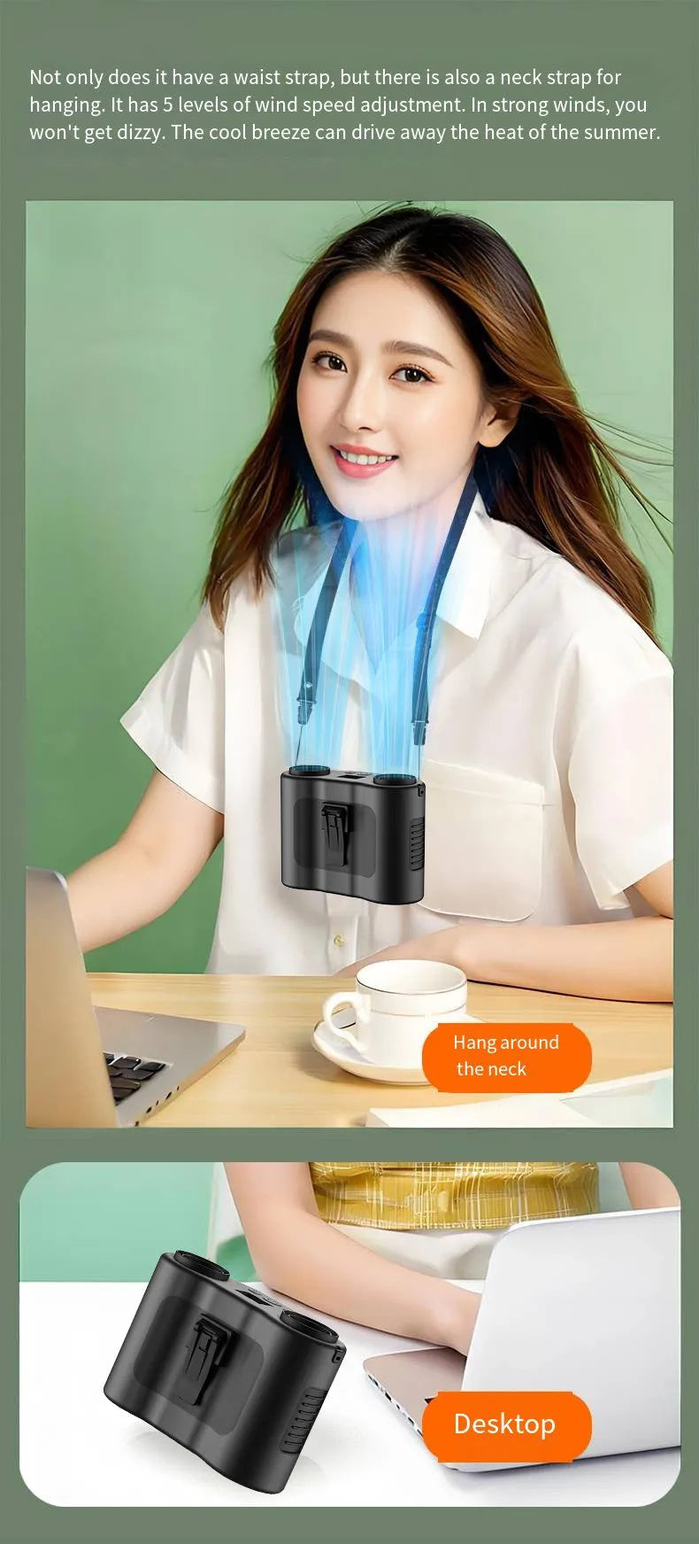 Black waist-hung personal portable fan with lanyard, showing five-blade turbine and top control button.