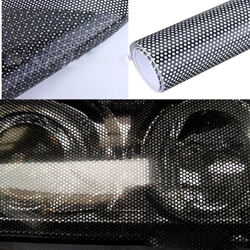 Perforated mesh plastic automotive film for colour changing vehicle wraps, size 30 x 106 cm.