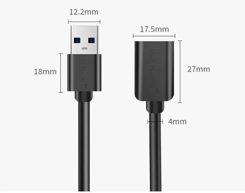 Black USB 3.0 and USB 2.0 extension cable with male to female connectors showing multiple length options