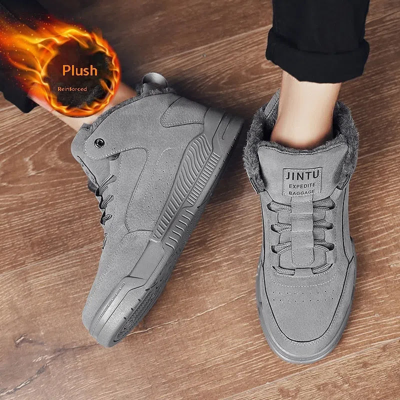 Men's suede winter snow boots with flat heel in black, grey or beige, sizes 39-44