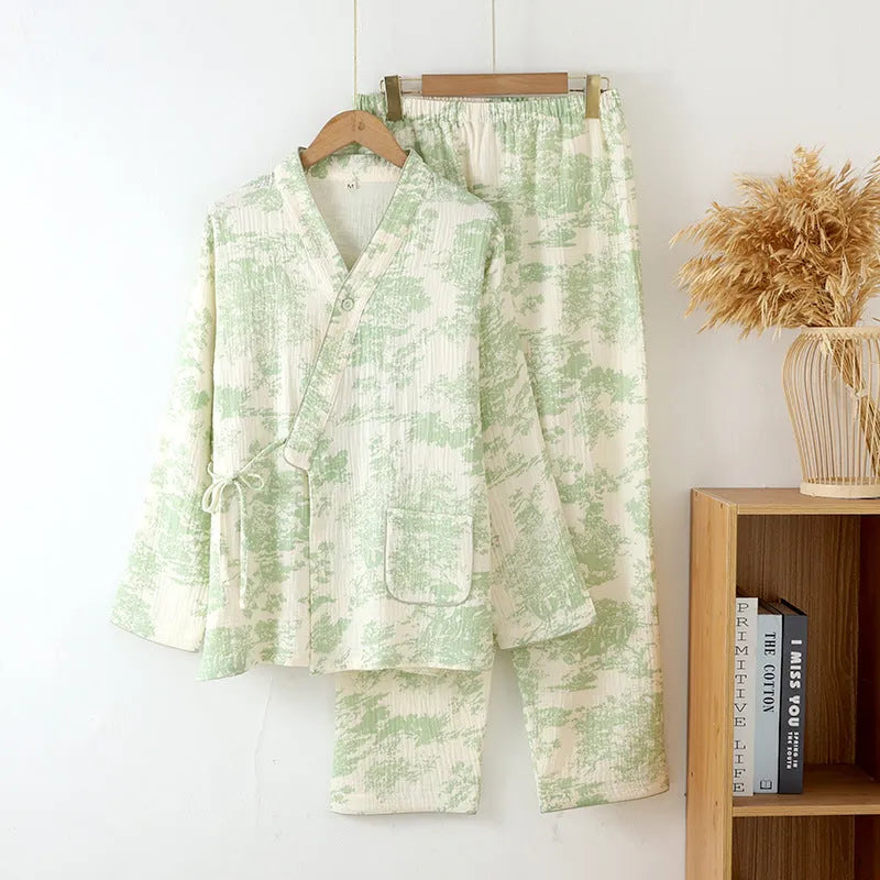 Pure cotton gauze ladies lounge suit with long sleeves and trousers in frosted pine trees colour options