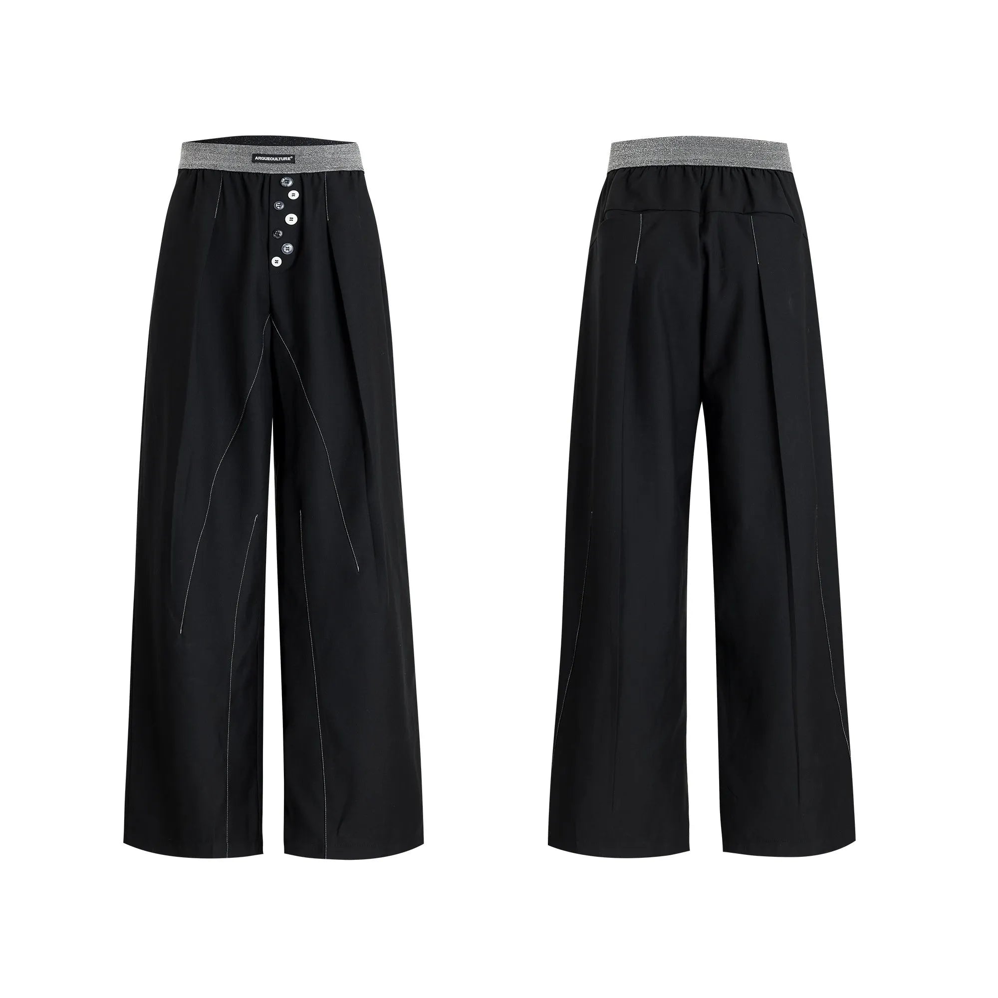 Straight-leg high-waist casual trousers in grey with a button-open line design detail on the leg.