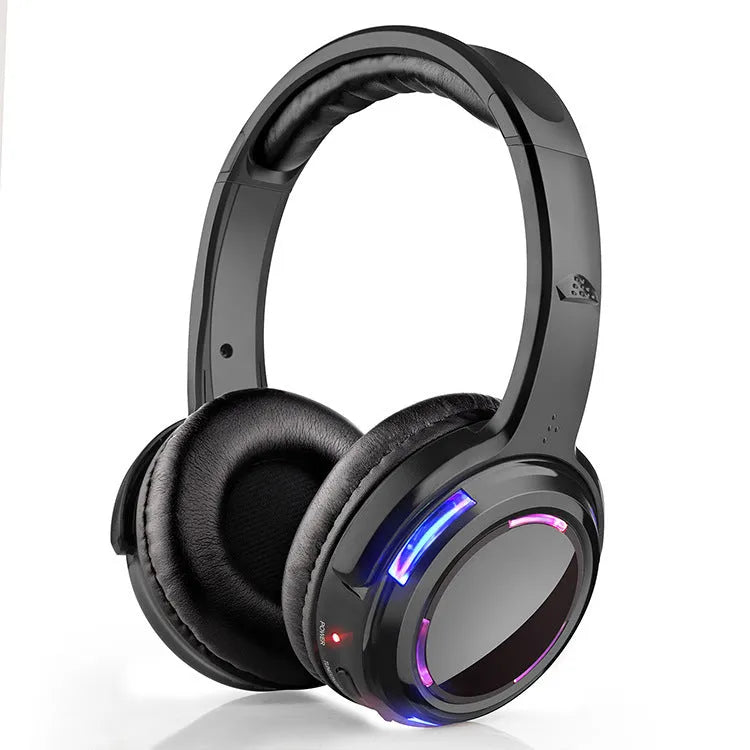 Black silent disco wireless headphones with head-mounted design and 3.5mm connection cable