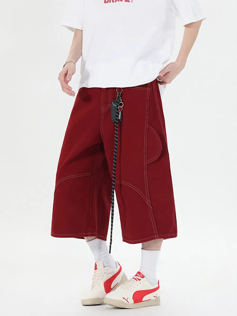 Retro multi-pocket denim cropped trousers with wide leg cut in black colour