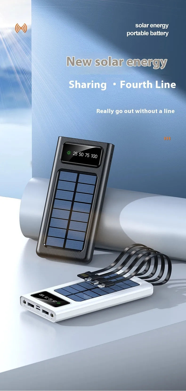 Black solar power bank with integrated cable showing four charging ports and solar panel