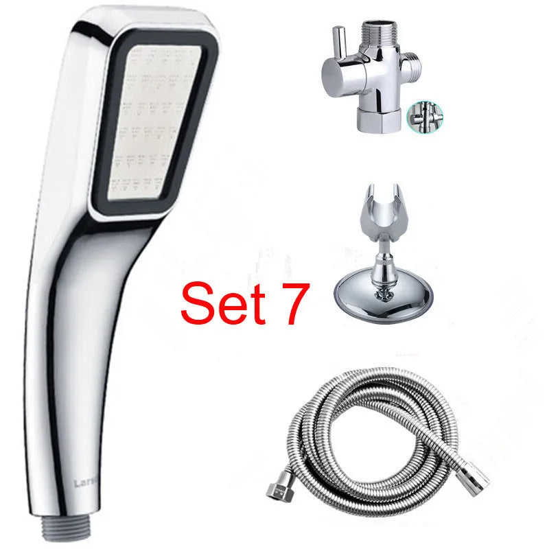 Orange hand-held pressurised shower with 60mm rain spray face