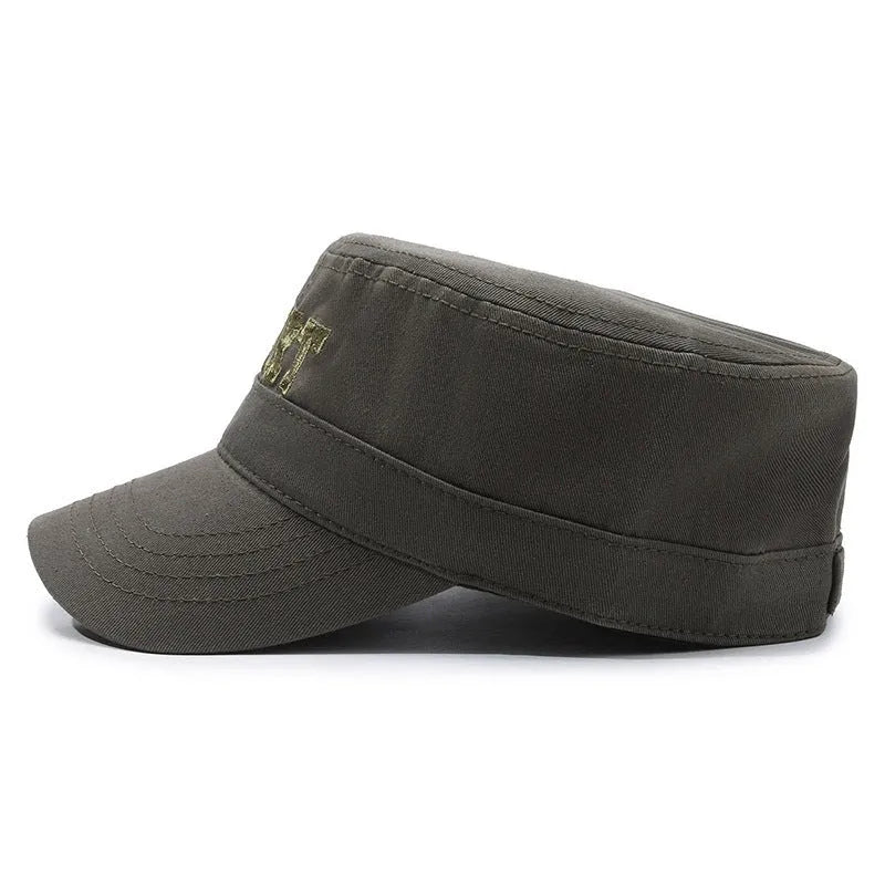 Men's cotton flat-top peaked cap with English letters in army green colour