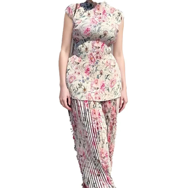 Long sleeve printed chiffon dress set with matching top and high waist design