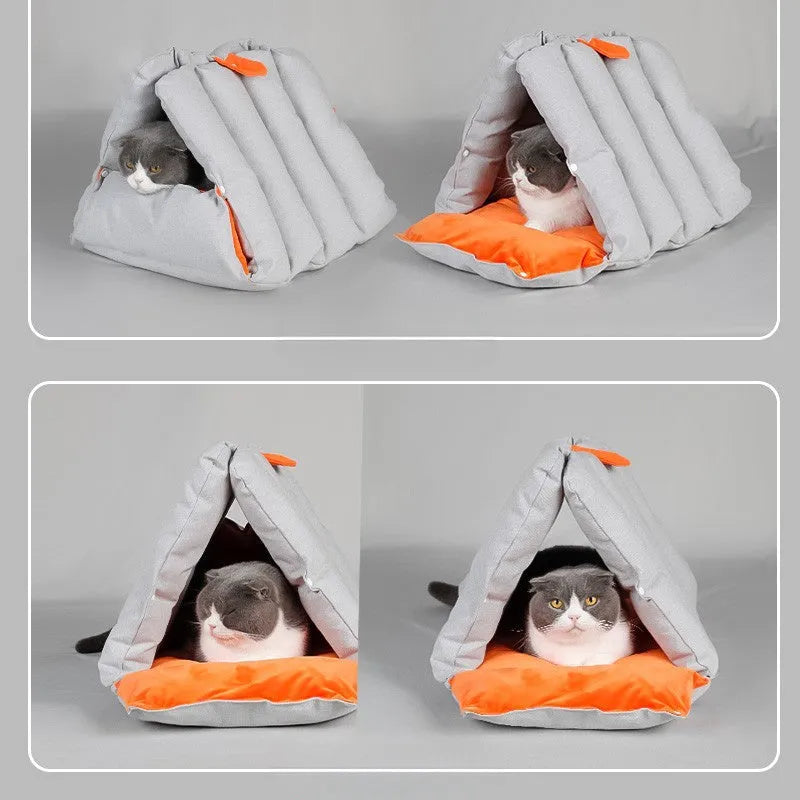 Triangular blue cat nest with drilled holes for combination, removable cotton cover