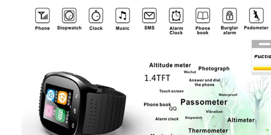 Black Bluetooth smart sports watch showing time and paired with a smartphone on a wrist.