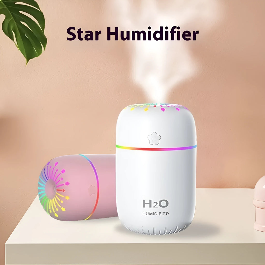 USB mini humidifier with fireworks design in white, pink, or green colours showing compact 75mm size