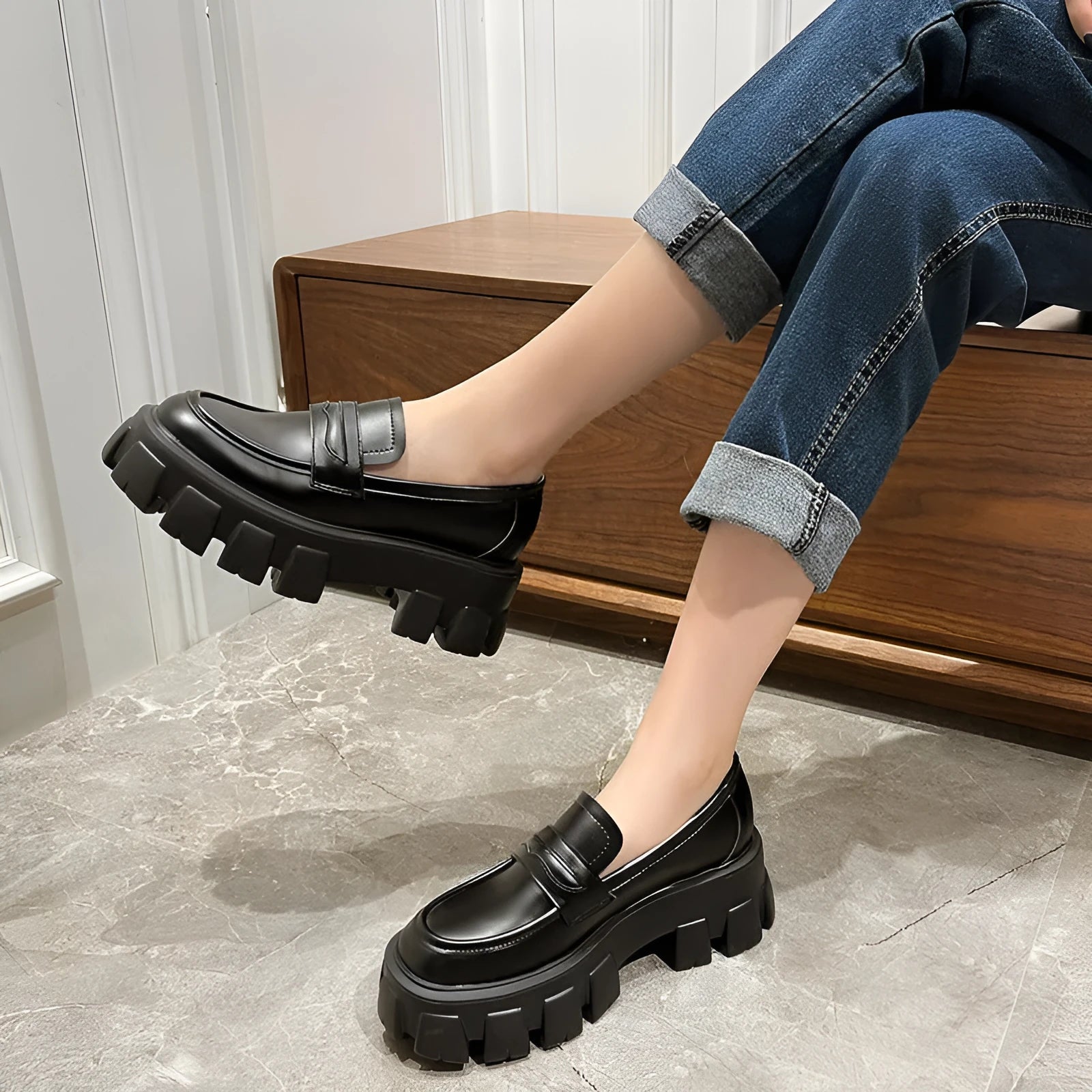 British style wide fit loafers in patent leather or matte finish with rubber sole.
