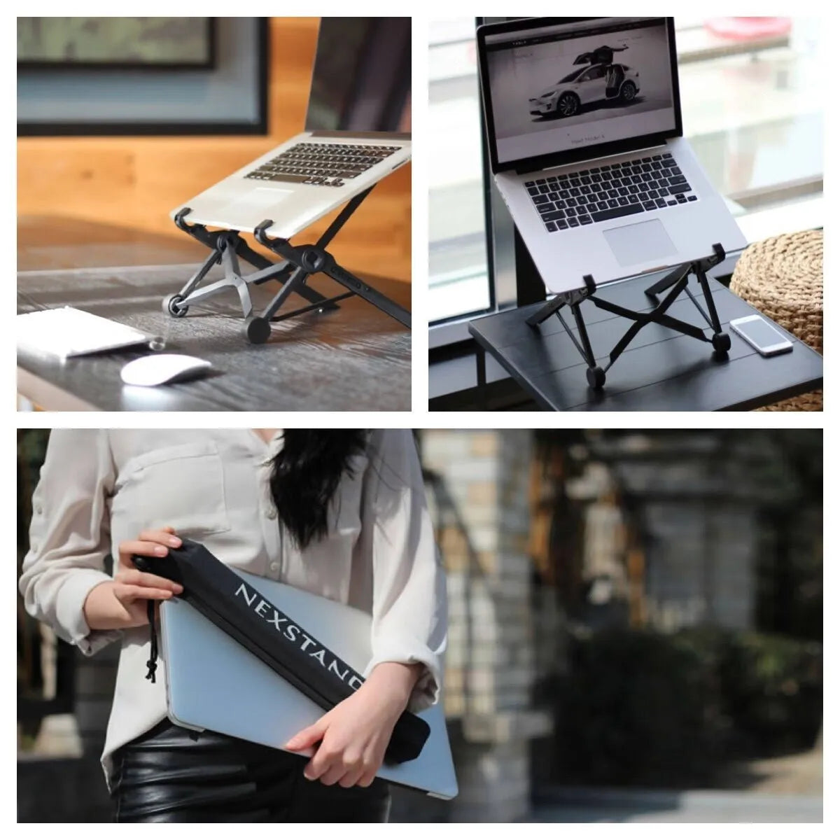 Sagacious black portable folding laptop bracket with enhanced nylon construction showing folded and unfolded positions