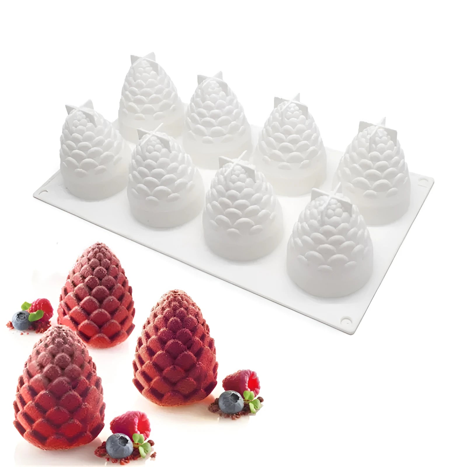 Pineapple-shaped silicone baking mould with six cavities for making Italian mousse desserts.