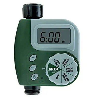 Green digital garden hose timer with large LCD screen and two outlet valves