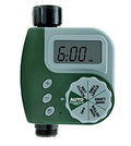 Green digital garden hose timer with large LCD screen and two outlet valves