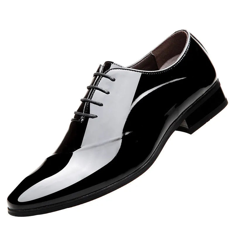 Men's black and brown formal business shoes with pointed toe design and artificial PU uppers