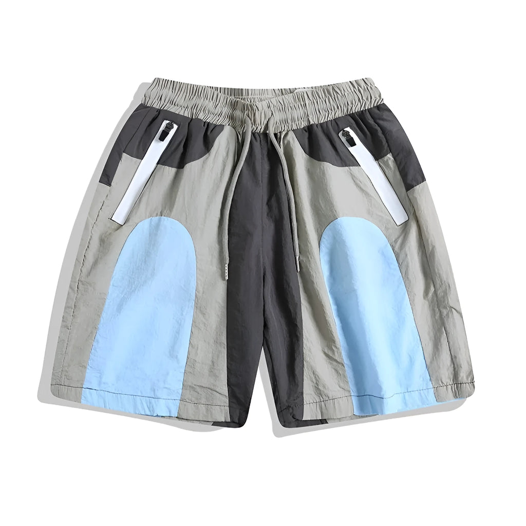 Blue patchwork quick-drying men's beach shorts with loose straight-leg fit for outdoor sports