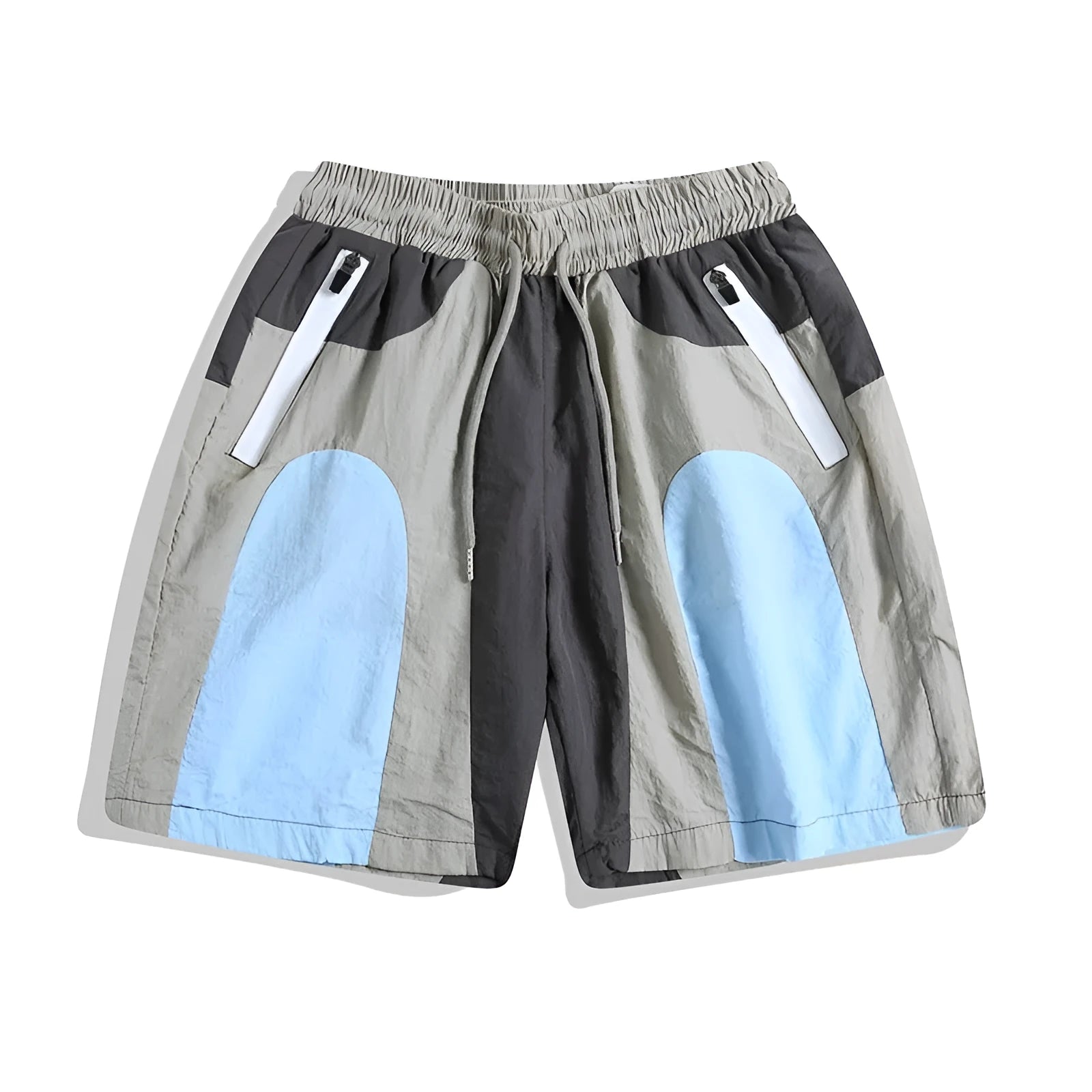 Blue patchwork quick-drying men's beach shorts with loose straight-leg fit for outdoor sports