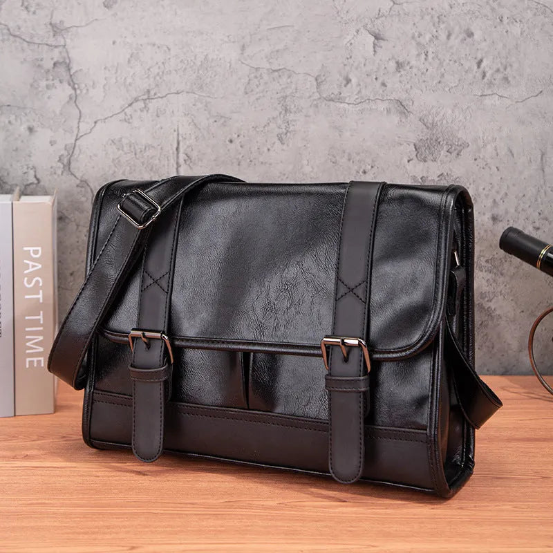 Black Korean style men's commuter backpack with anti-theft features and decorative stitching