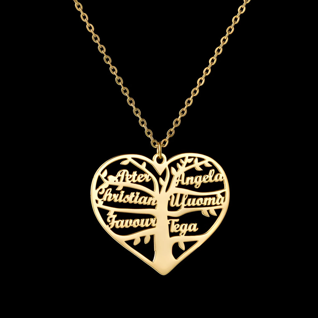 Custom stainless steel name necklace with hollow heart and tree pendant on an adjustable chain in silver tone