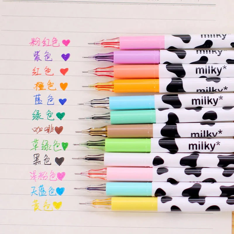 Pack of 12 cow print gel pens with 0.38mm fine tips in assorted colours