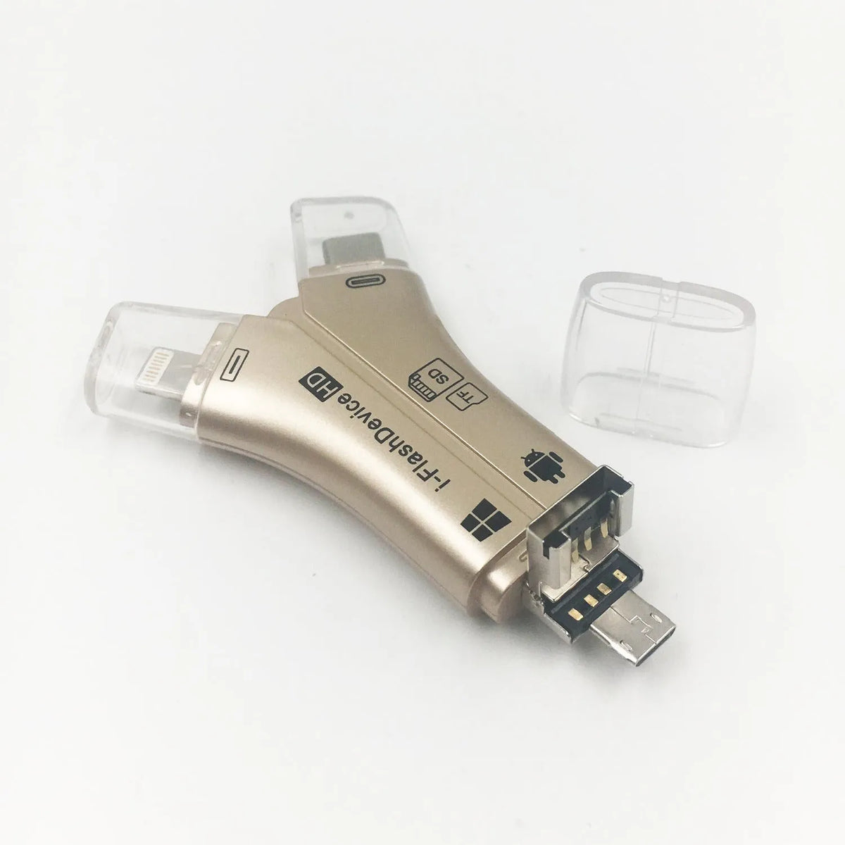 White 4-in-1 mobile phone card reader with SD and Micro SD slots for iPhone and Android.