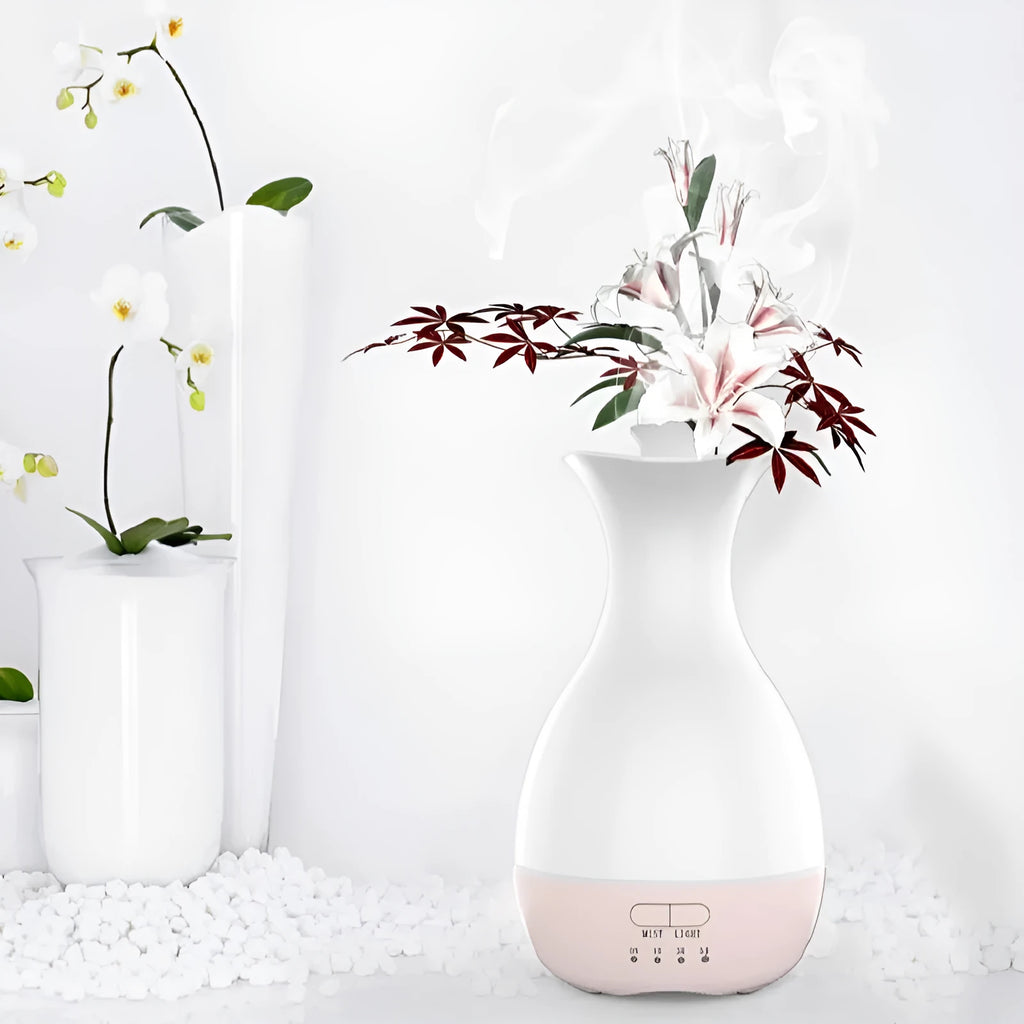 White or pink ultrasonic aromatherapy vase humidifier with colourful night light and essential oil diffuser