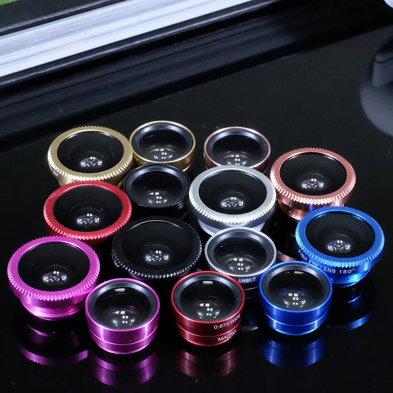 Smartphone fisheye and macro lens kit with universal clip in multiple colours including black, silver, and rose gold.