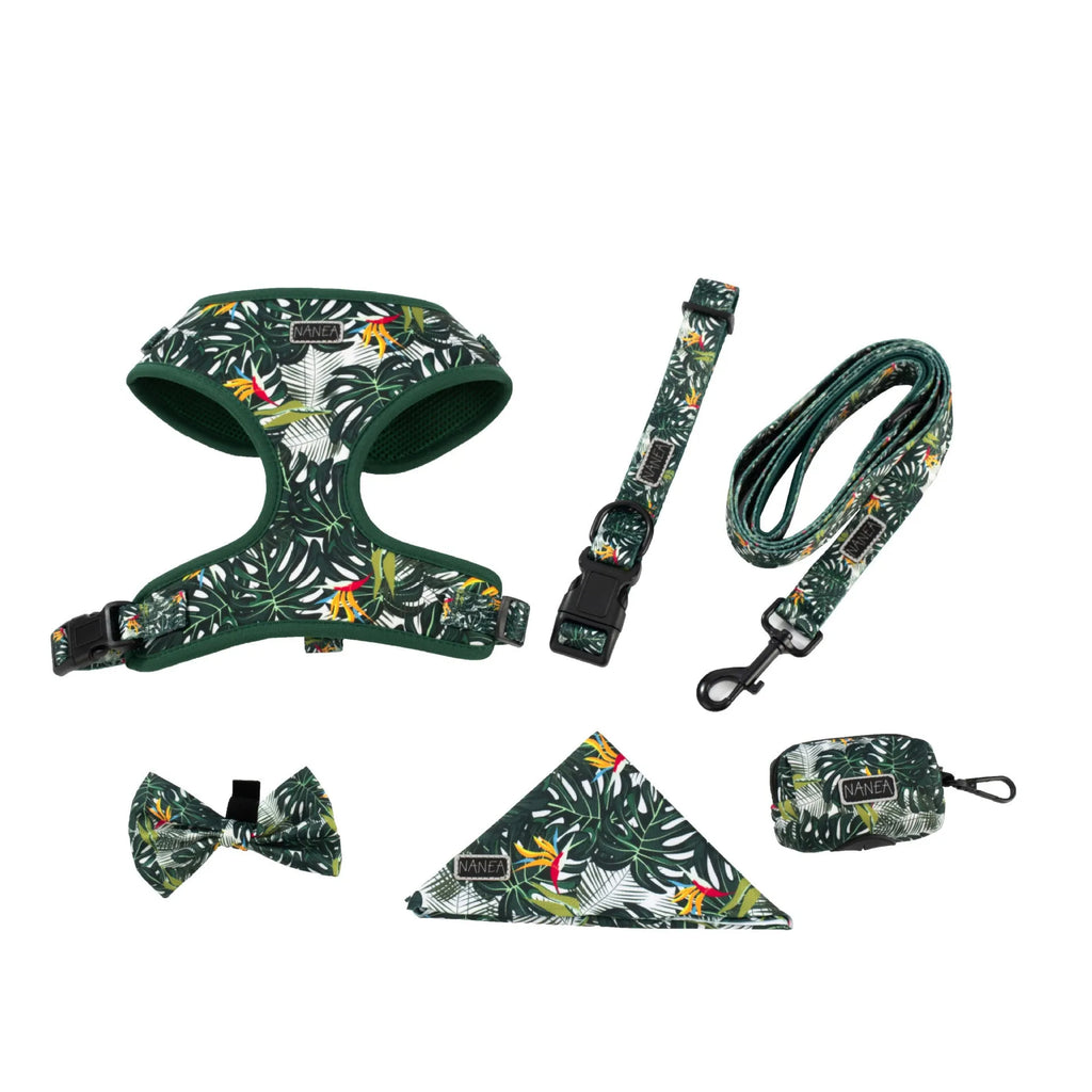 Six-piece dog harness set showing cloth vest, leash, collar, waste bag, bow tie, and scarf laid out