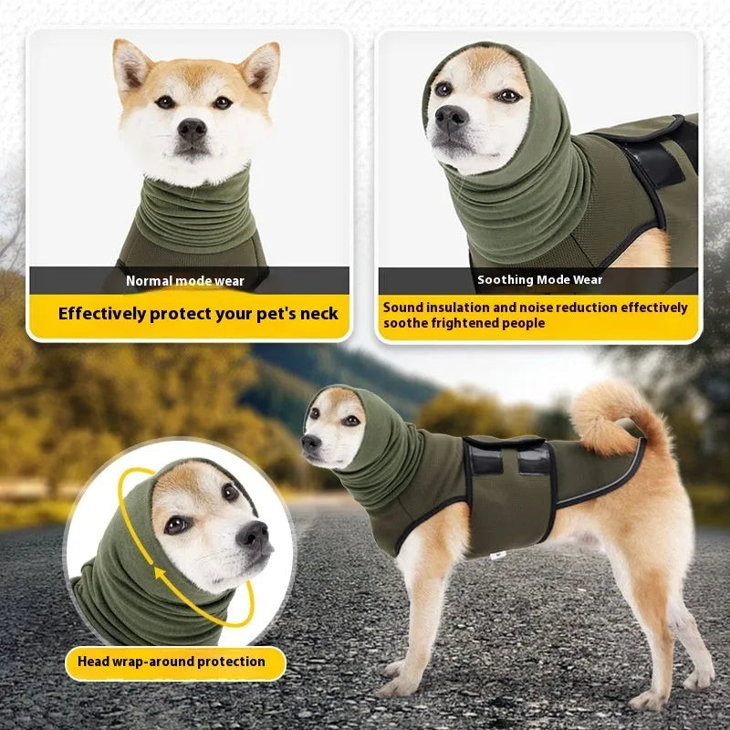Dog wearing polyester anti-anxiety jacket in army green colour