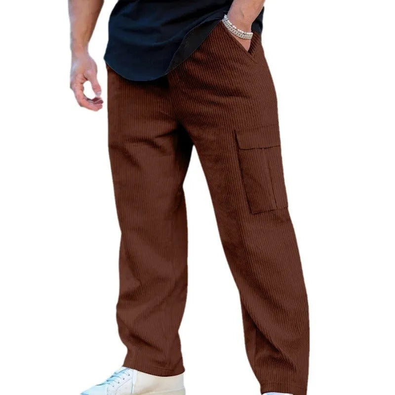 Men's loose-fitting corduroy cargo trousers in a straight-leg design with a drawstring waist.