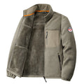 Men's solid colour fleece cardigan jacket with zipper pockets in gray, shown on a model.