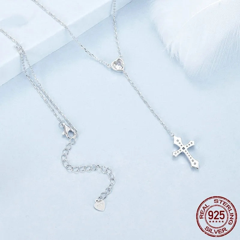 Women's 925 silver V-neck love cross necklace with O-ring chain in colour BSN384